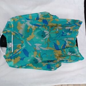 Chiffon blouse, semi-sheer,  mint/gold/white, Elastic bottom hem, Xlarge